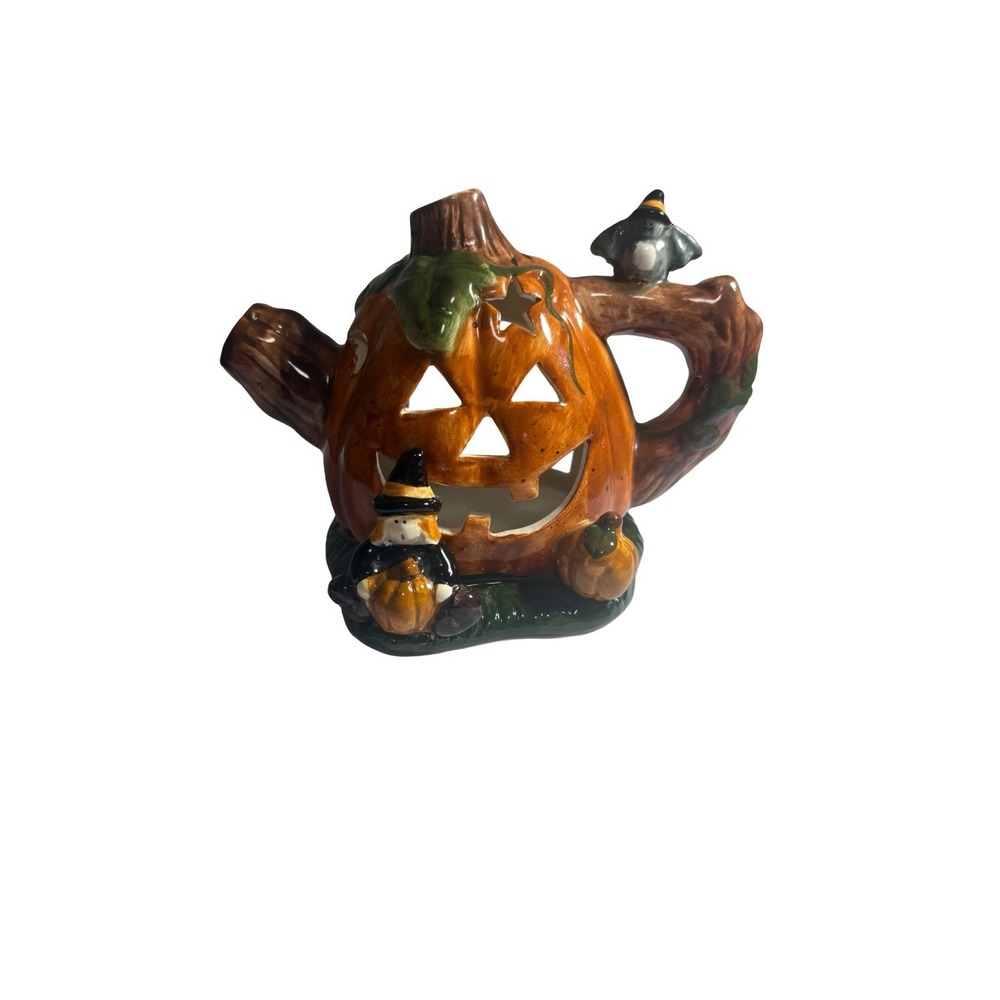 4"‎ Ceramic Halloween Jack O' Lanterns Candle or Light Holders Crow Witch Tree